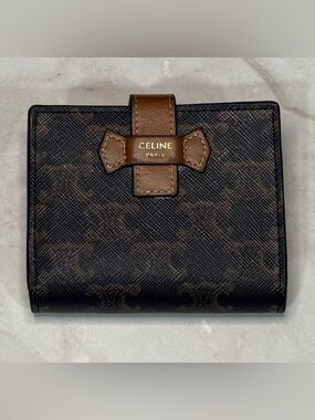 Celine Fine Strap Wallet in Triomphe Canvas with Leather Trim and lining